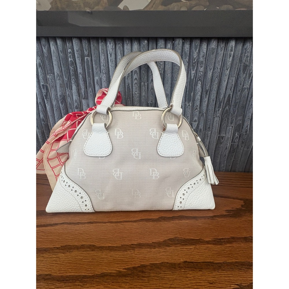 Dooney & Bourke Monogram Canvas Satchel Bag White Leather Trim w/ vintage Scarf - Picture 5 of 12